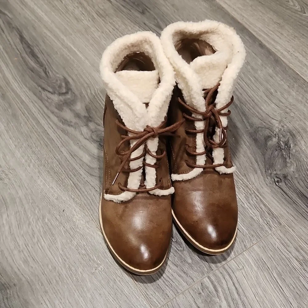 Restricted Brown Leather Sherpa Heeled Booties